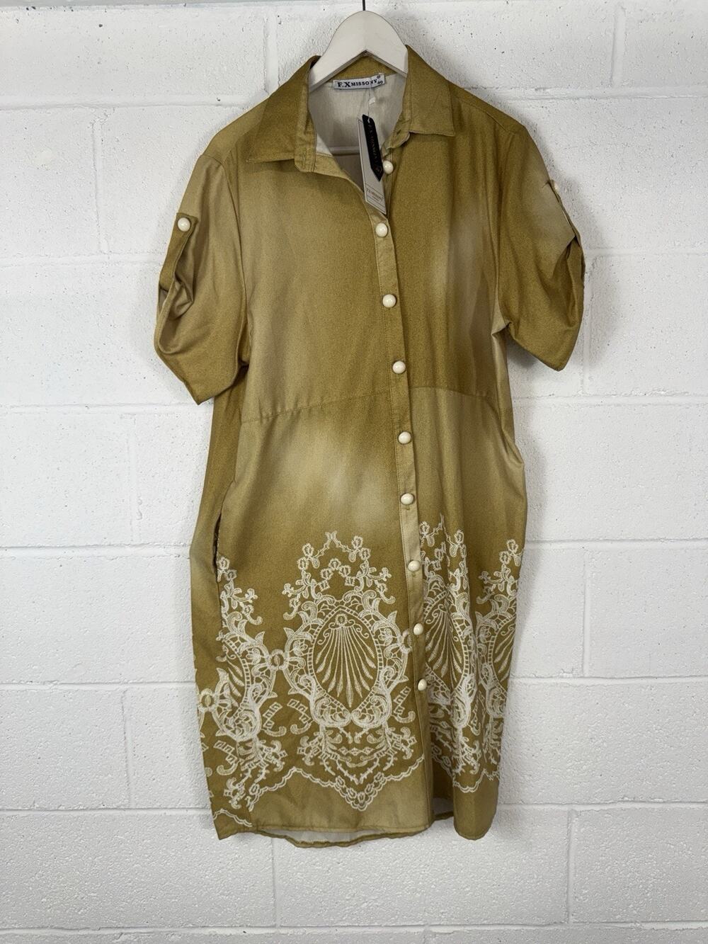 FX Missiony Shirt Dress Medium Green Button Front Shift Casual Baroque Ombre N8